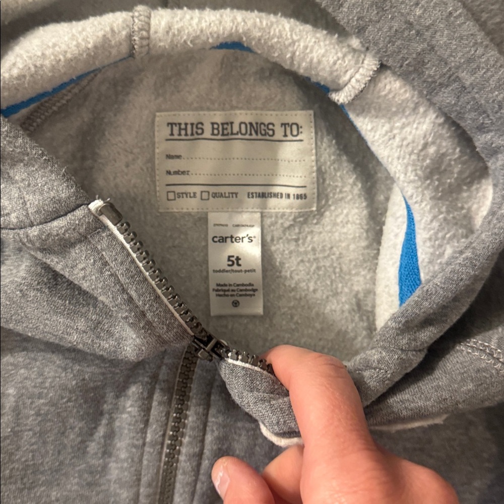 5/$15- Carter's Gray Zip-Up Hoodie with '82' Patch - Picture 2 of 2